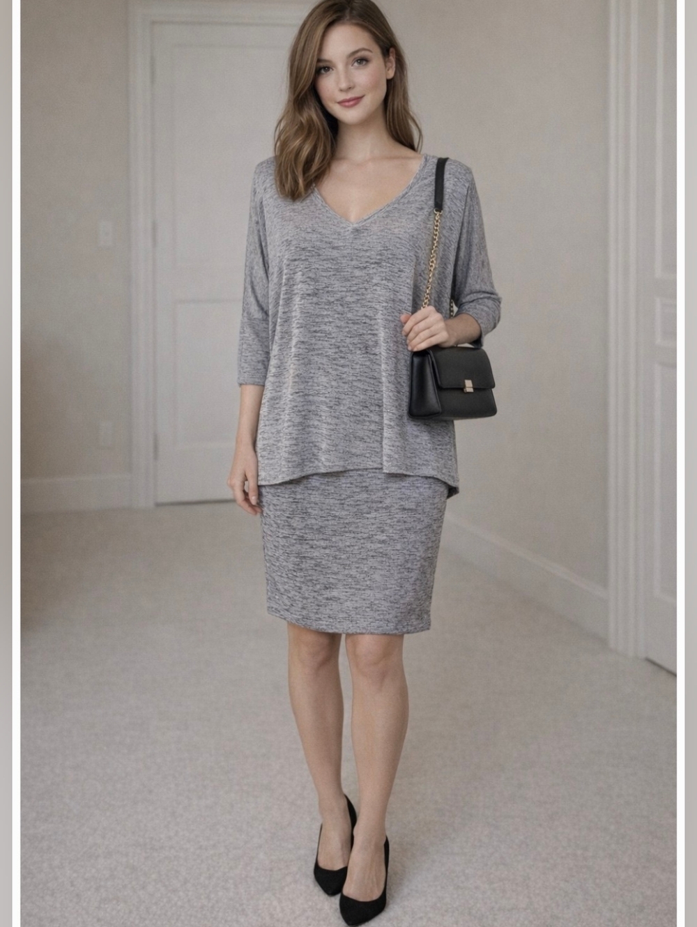 Gray V-Neck Knit Dress - Women's Comfortable Pullover 2 Layer Versatile Dress